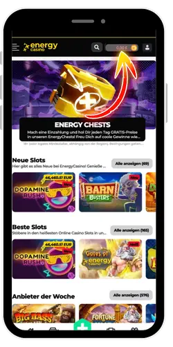 Energy Casino cashier screen for account replenishment