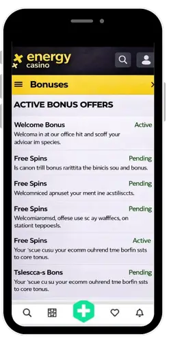 Energy Casino bonus section showing promo code status