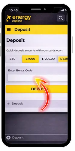 Energy Casino deposit screen with bonus code field