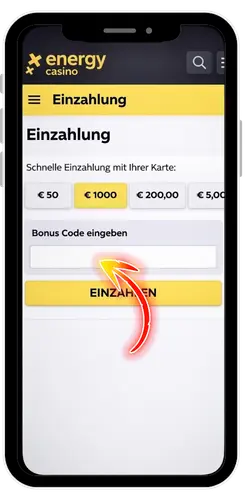 Energy Casino Einzahlungsseite mit Feld für Bonuscode