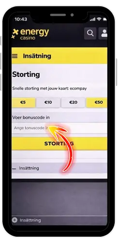 Energy Casino code invoeren