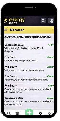 Energy Casino bonussektion som visar kampanjkodstatus