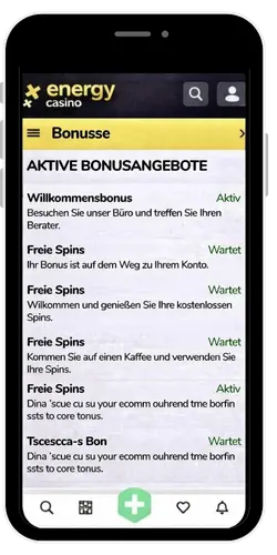 Energy Casino Bonusbereich, der den Status des Promo-Codes anzeigt
