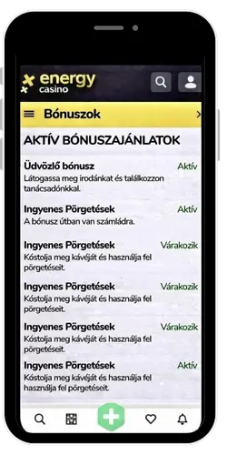Energy Casino bónusz rész, ahol látszik a promókód státusza