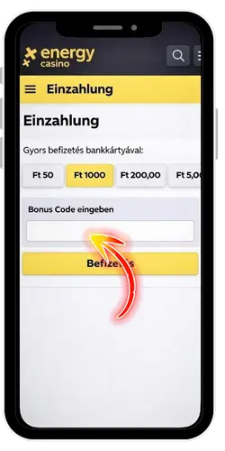 Energy Casino befizetési képernyő bónuszkód mezővel