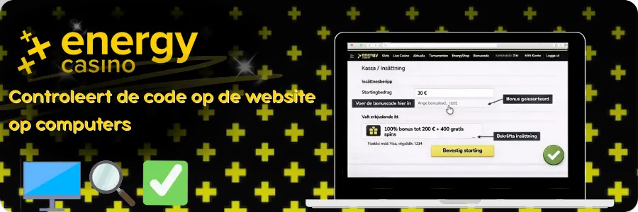 Bonuscode valideren op de computer bij Energy Casino
