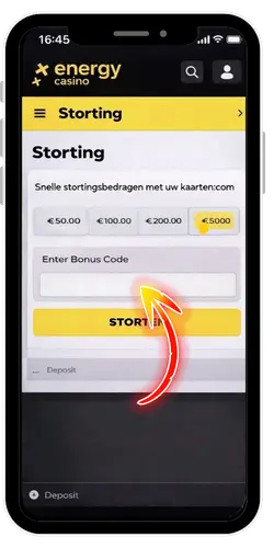 Energy Casino code invoeren
