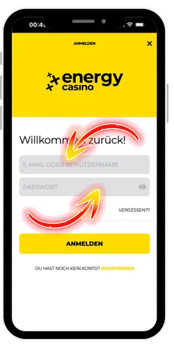 Energy Casino inloggningsskärm