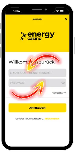 Energy Casino Login-Bildschirm