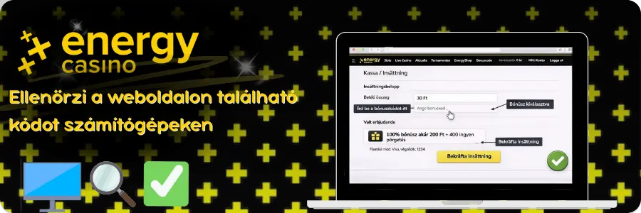 Bónuszkód ellenőrzése asztali gépen az Energy Casinónál