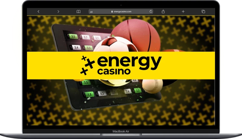 Energy Casino sportweddenschappenbanner op een laptop met ballen en quotenbord in de sectie voor pre match en outrights voor Nederland