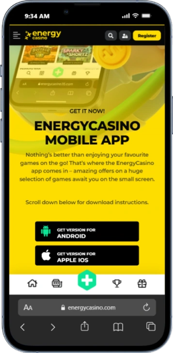 Smartphone som visar kampanjen för Energy Casino mobilapp med nedladdningsknappar för Android och Apple iOS på gul bakgrund