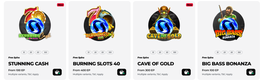 Fyra erbjudanden om free spins från Energy Casino för slotsen Stunning Cash Burning Slots 40 Cave of Gold och Big Bass Bonanza för spelare i Sverige