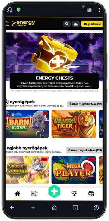Energycasino böngésző menü megnyitása