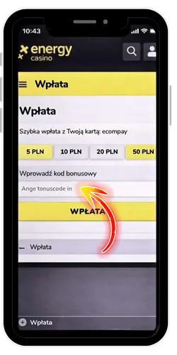 Wpisanie kodu Energy Casino