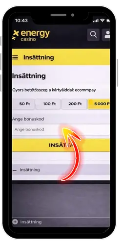Energy Casino kód megadása