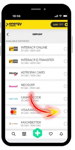 Energy Casino payment method for promo code