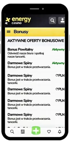 Sekcja bonusów Energy Casino ze statusem kodu promocyjnego