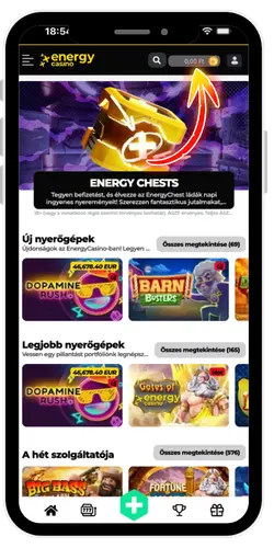 Energy Casino pénztár képernyő egyenlegfeltöltéshez