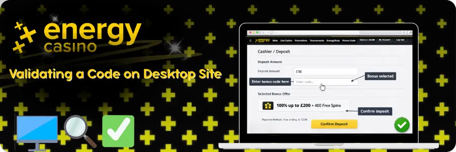 Desktop bonus code validation at Energy Casino