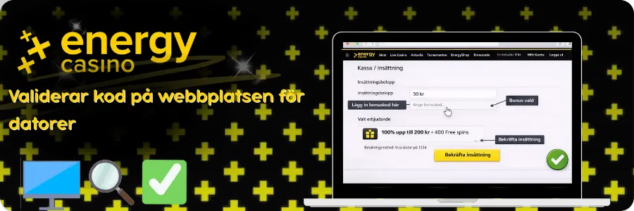 Validering av bonuskod på dator hos Energy Casino