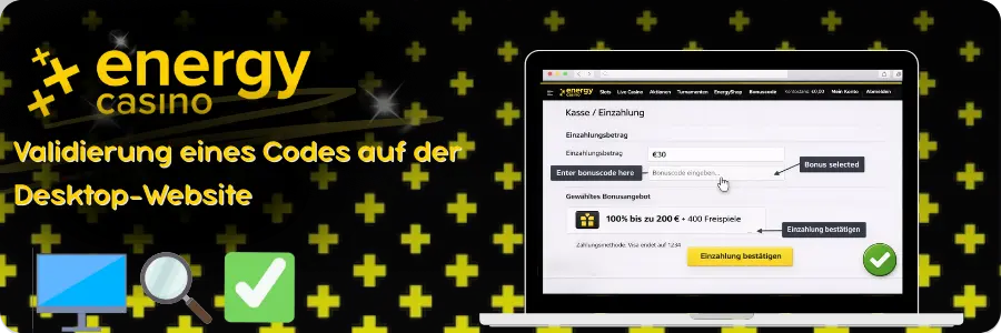 Bonuscode-Prüfung am Desktop bei Energy Casino